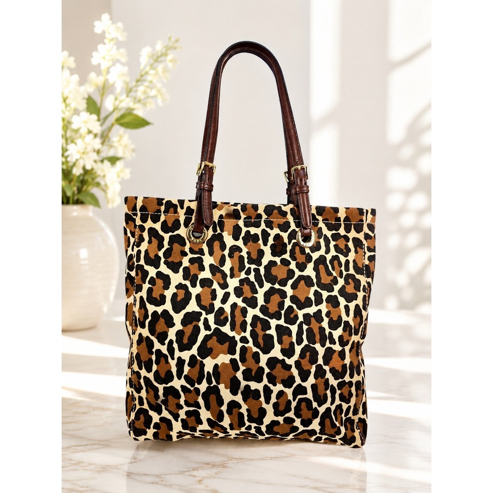 Michael Kors Leopard Print Canvas Tote Bag Brown Leather Straps 38S1CTTT3R